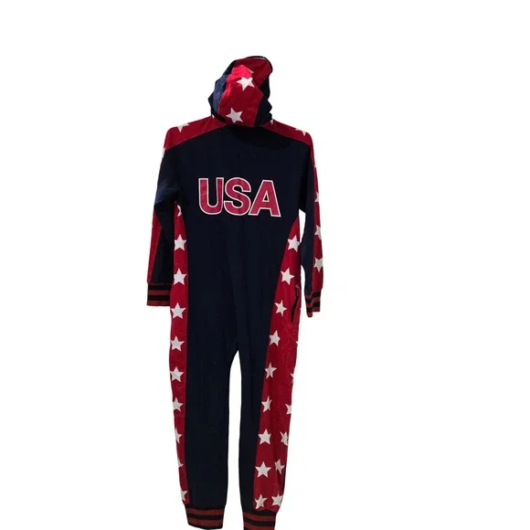 Tipsy Elves USA Jumpsuit Men medium patriotic 1 Piece Pajamas 4th July Olympics - Picture 2 of 11
